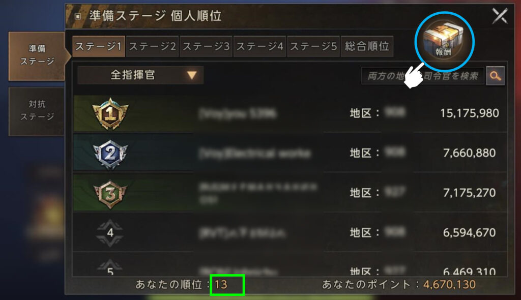 準備ステージ 個人順位のウィンドウ（ステージ順位）